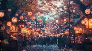 Illuminated Street Market in Japan with Lanterns and Autumn Leaves photo