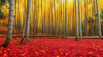 A Red Carpet of Fallen Leaves in a Bamboo Forest photo