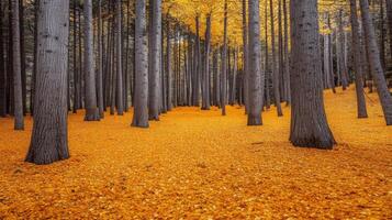 A Forest Floor Covered in Golden Autumn Leaves photo