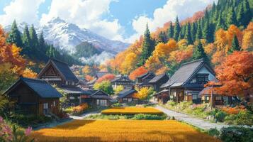 Traditional Japanese Village Nestled in Autumnal Mountain Valley photo