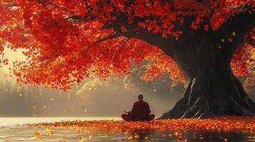 un monje meditando debajo un otoño árbol por el agua foto