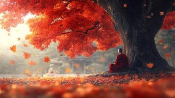 Monk Meditating Underneath Autumn Tree photo