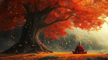A Monk Meditating in a Forest with Falling Autumn Leaves photo