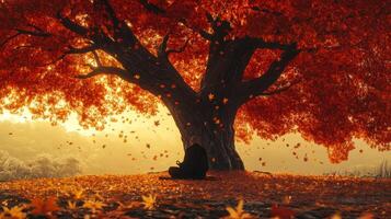 A lone figure meditates beneath a vibrant autumn tree with falling leaves photo