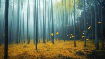 Misty Bamboo Forest with Falling Autumn Leaves photo