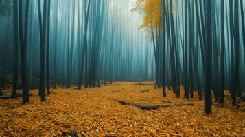 A Mystical Bamboo Forest Path Covered in Golden Leaves photo