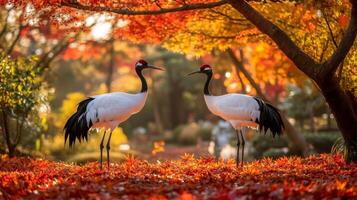 Two Red-Crowned Cranes Standing Among Fall Foliage photo