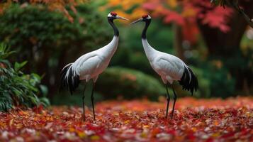 Two Red-Crowned Cranes Facing Each Other in a Bed of Autumn Leaves photo