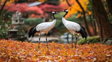 Two Red-Crowned Cranes Standing on a Bed of Autumn Leaves photo