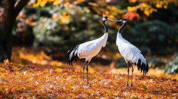 Two Red-Crowned Cranes Facing Each Other in an Autumnal Setting photo