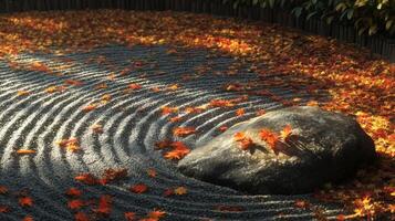 A Large Rock Rests in a Zen Garden, Surrounded by Autumn Leaves photo