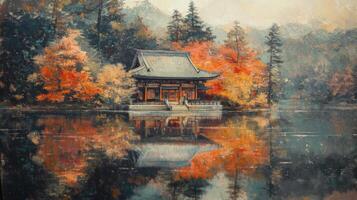 A Traditional Japanese Pagoda Reflecting in Still Water Surrounded by Autumn Trees photo