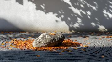 Rock in a Zen Garden with Fallen Leaves and Shadow photo