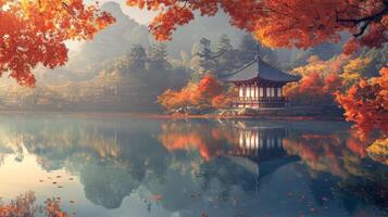 Tranquil Autumn Scene with a Japanese Pagoda Reflected in a Still Lake photo
