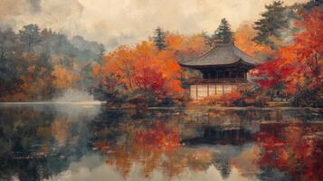 Autumnal Landscape with a Pagoda by a Lake photo