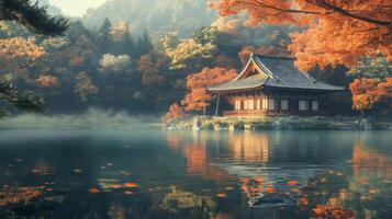 Japanese Pagoda on a Misty Lake in Autumn photo