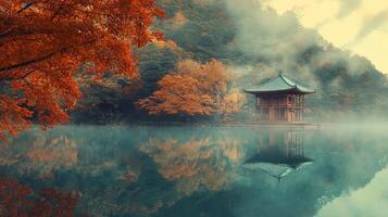 A Traditional Pagoda on a Misty Lake Surrounded by Autumn Trees photo