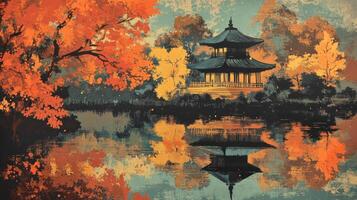 A Pagoda Reflected in a Still Lake During Autumn photo