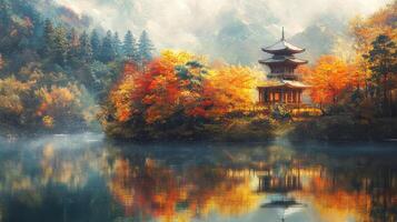 Tranquil Japanese Pagoda Amidst Autumnal Forest and Fog photo
