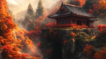 Traditional Japanese Temple Perched on a Cliffside Amidst Autumnal Foliage photo