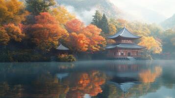 Tranquil Japanese Temple with Autumn Foliage Reflected in a Misty Lake photo