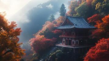 A Traditional Japanese Temple Nestled in a Misty Autumn Forest photo
