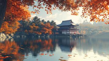 Autumnal Japanese Temple on a Calm Lake photo
