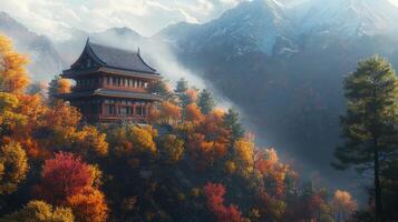 Ancient Temple Nestled in Misty Mountain Forest photo