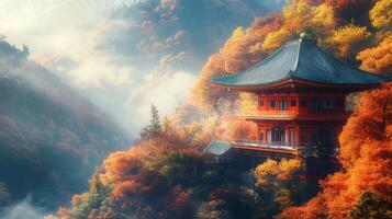 Autumnal Pagoda Perched Amidst Misty Mountainside photo