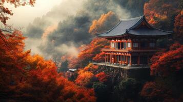 Traditional Japanese Temple Perched on a Mountainside Amidst Vibrant Autumn Foliage and Misty Atmosphere photo