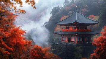 Pagoda Perched on a Cliff Amidst Red Autumn Foliage and Fog photo