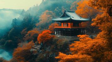 Japanese Pagoda Perched Amidst Autumnal Forest photo
