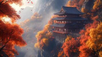 Ancient Japanese Temple Perched on a Cliffside Amidst Vibrant Autumn Foliage photo