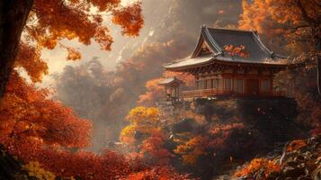 Autumnal Japanese Temple Perched on a Cliffside photo