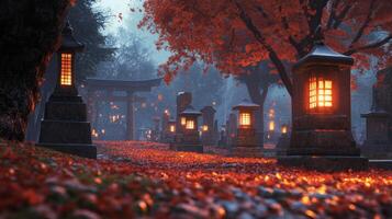 Japanese Lanterns Illuminate a Pathway Through a Red Autumnal Forest photo