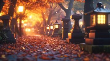 Stone Lanterns and a Path Lined with Autumn Leaves photo