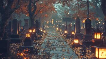 A Pathway Through a Japanese Cemetery Illuminated by Lanterns photo