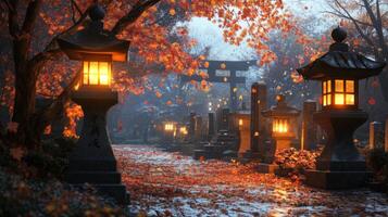 Illuminated Pathway Through a Japanese Autumnal Garden photo