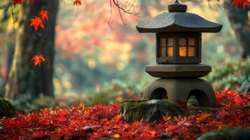 Stone Lantern Amidst Fallen Autumn Leaves in a Japanese Garden photo