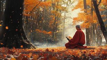 Solitary Figure Reading in an Autumnal Forest photo