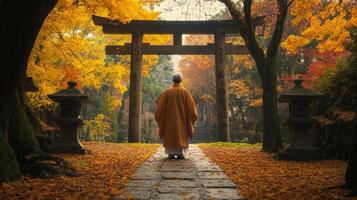Monk Walking Through Torii Gate in Autumn Forest photo