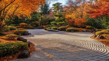 A Stone Garden Pathway Surrounded by Autumn Trees photo