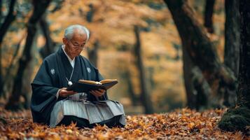 Elderly Man in Traditional Japanese Clothing Reading a Book in an Autumn Forest photo