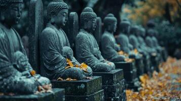 Row of Stone Buddha Statues in Autumn Forest photo