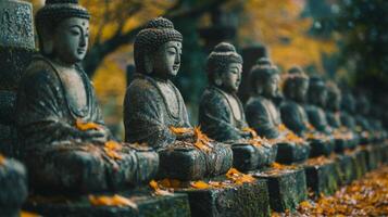 Stone Buddha Statues in a Row with Fallen Autumn Leaves photo