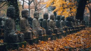 Row of Stone Buddhas in a Forest of Fall Leaves photo
