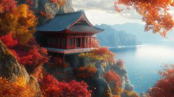 Autumnal Pagoda Perched on a Cliff Overlooking the Sea photo