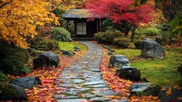 Stone Path Through a Japanese Garden in Autumn photo