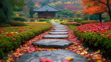 Stone Path Winding Through a Japanese Garden in Autumn photo