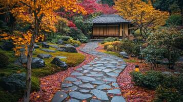 Stone Path Winding Through an Autumnal Japanese Garden photo